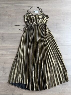 Miou Muse Metallic Gold Pleated Midi Dress with Spaghetti Straps - size small
